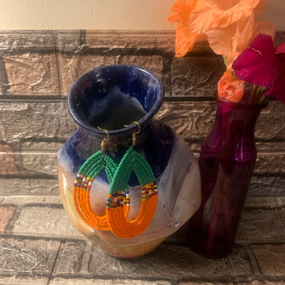Handmade Maasai Beaded Oval Dangle Earrings From Kenya